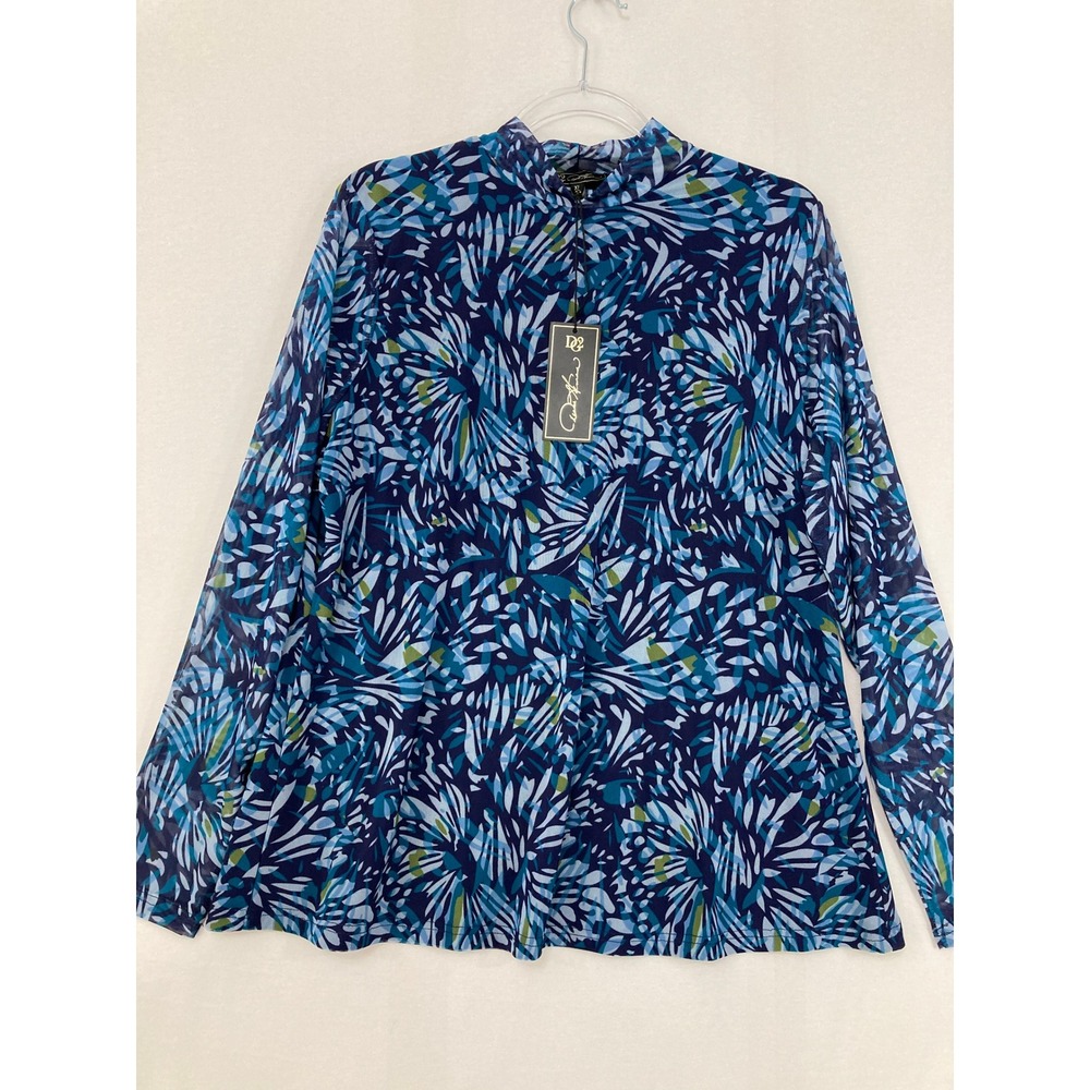 New DG2 Mesh Top XL Blue Abstract Floral Mock Neck Long Sleeve Stretch Artsy